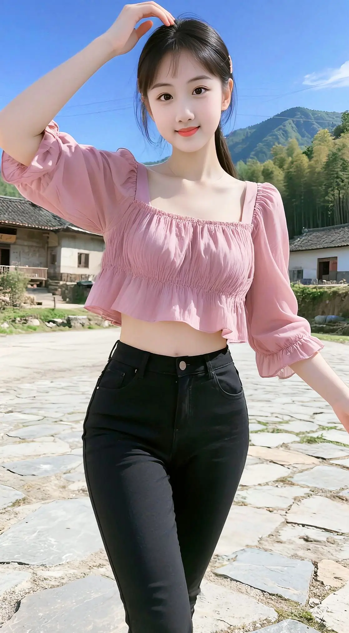 AI清新户外人像照 ai创作 乡间甜美穿搭 温柔系户外装 粉色上衣牛仔裤穿搭