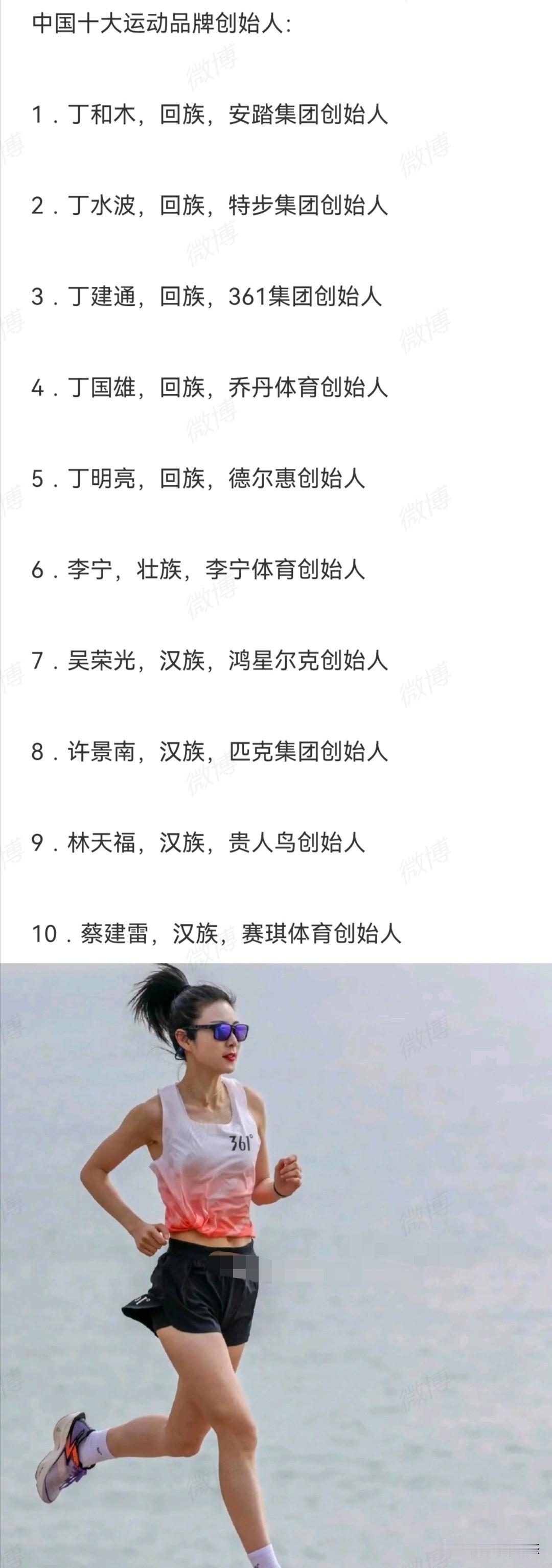 中国十大运动品牌创始人中，安踏、特步、361、乔丹体育、德尔惠的创始人均为回族丁