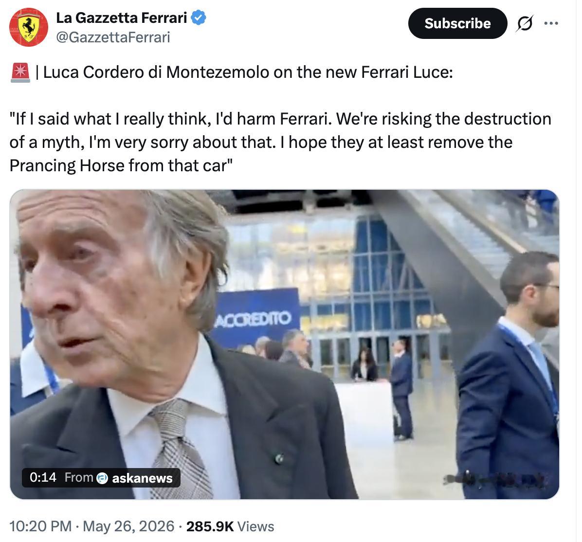 前法拉利主席痛批首款纯电法拉利 据外媒透露，法拉利前掌门卢卡·迪·蒙特泽莫罗公开