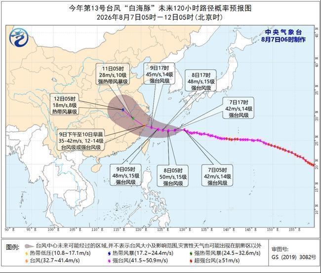 强台风“白海豚”（第13号）大风预报发布：7日08时至8日08时，受台风影响，黄