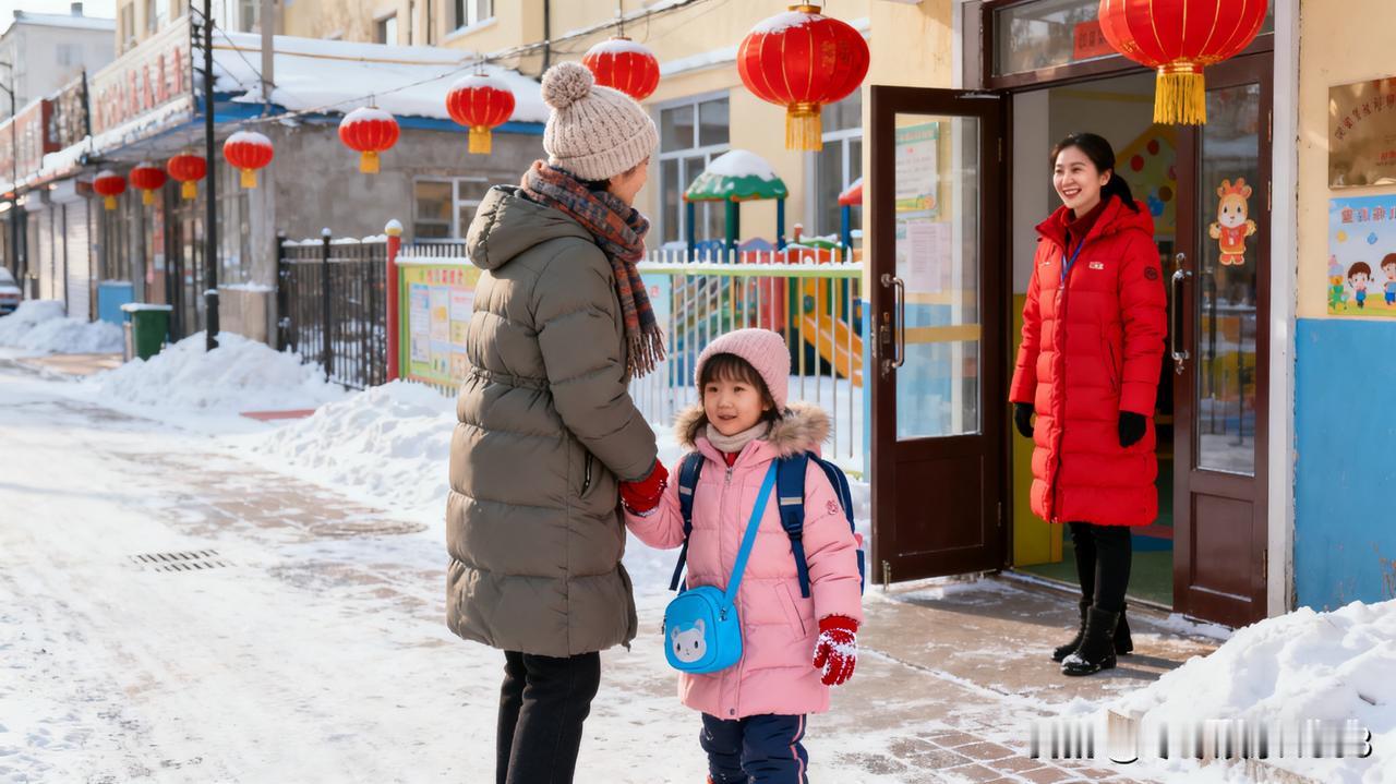 黑龙江街头的一幕，却是寒冬的太阳。一位妈妈送完自家娃后，瞥见路边一个小女孩背着书