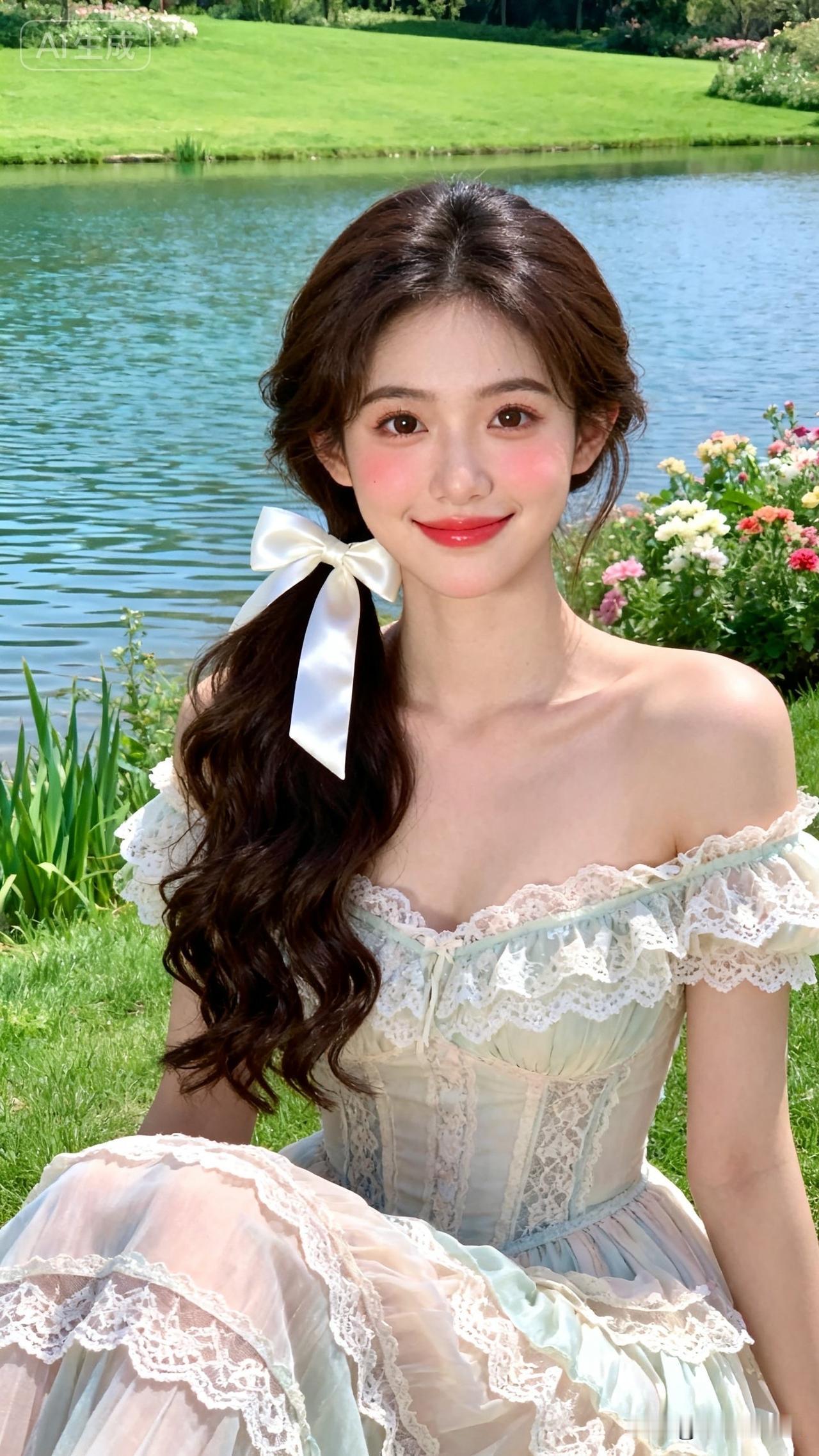 一个女孩在湖边微笑拍照。