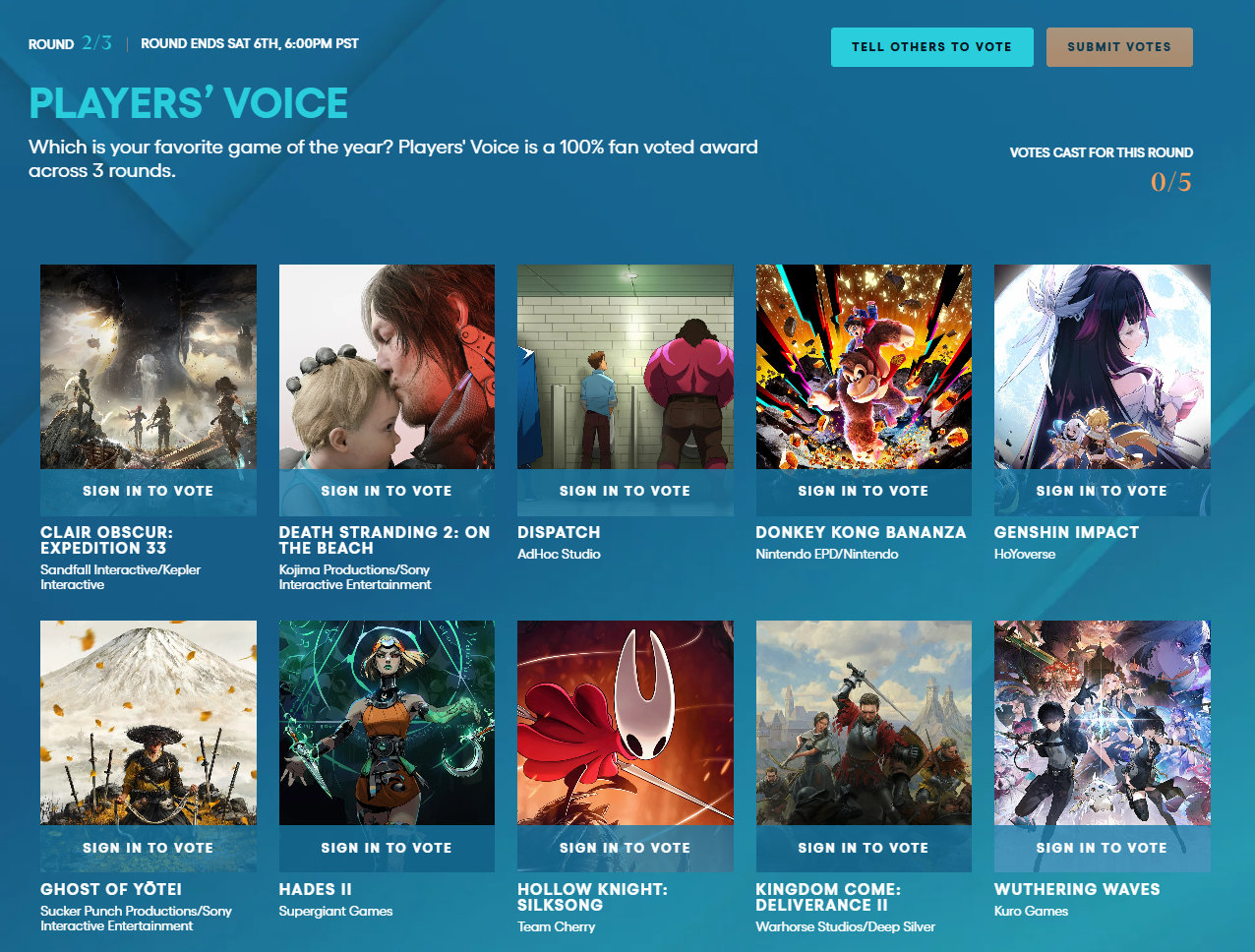2025TGA玩家之声第二轮投票已开启，北京时间12月7日截止，《光与影：33号