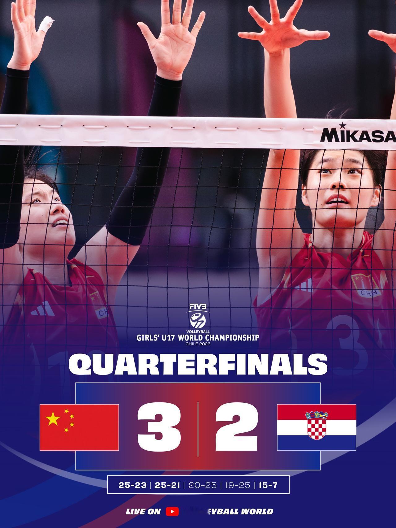 U17世锦赛四强产生，中国人占半壁江山

在今天上午结束的智利U17女排世锦赛八