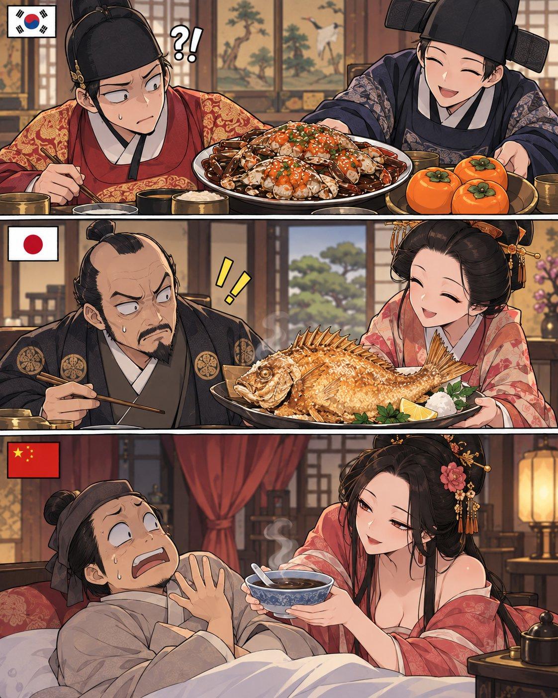 [捂脸] 中日韩三国各自不同的下毒方法，说实话日本那个我没明白——
韩国：螃蟹 