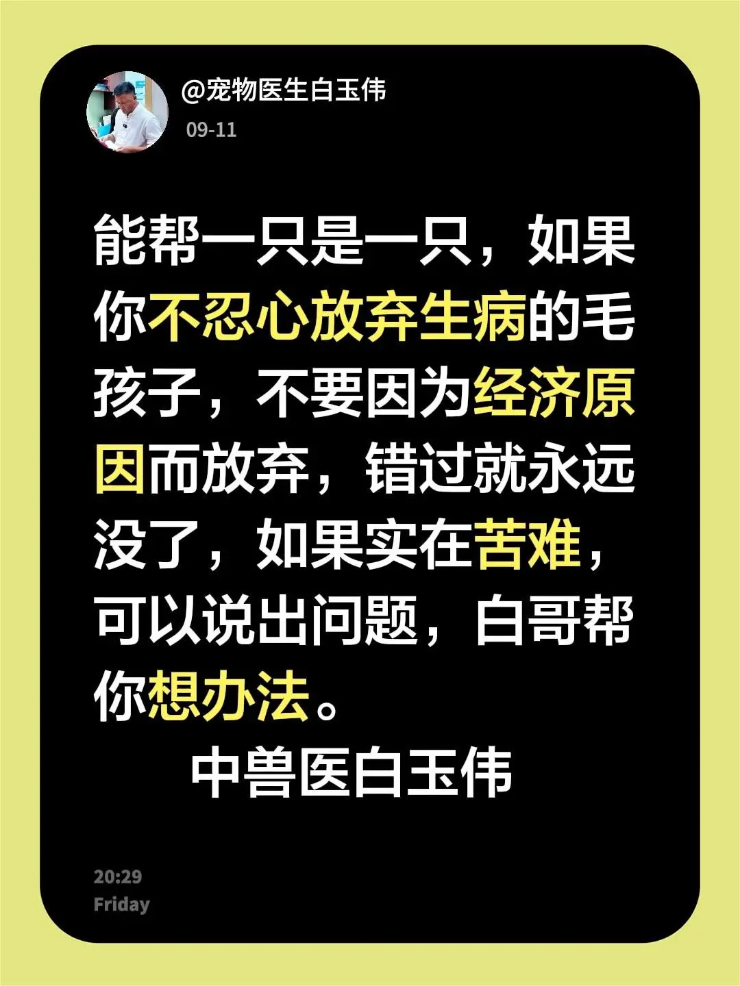 能帮一只是一只，如果你不忍心放弃生病的毛孩子，不要因为经济原因而放弃...