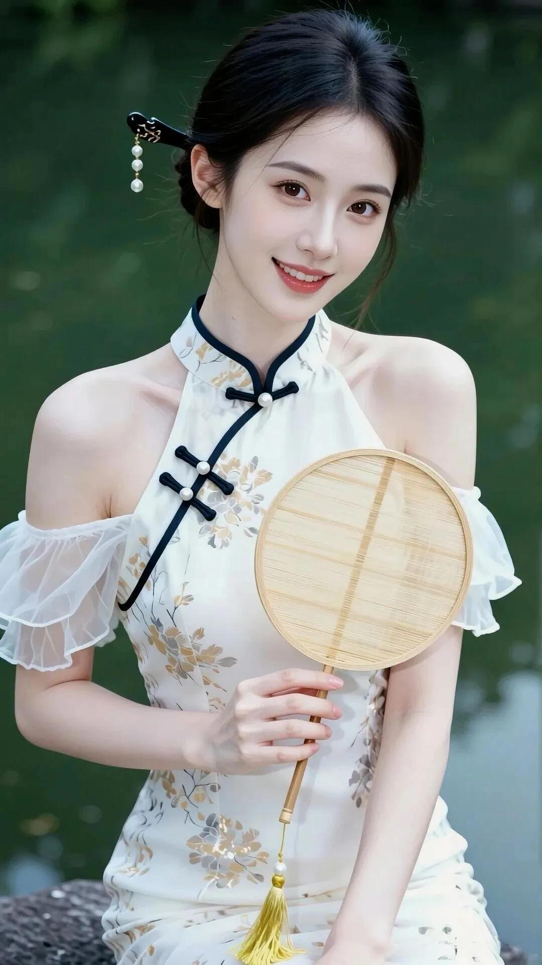 温婉古风少女，手持团扇，笑靥如花