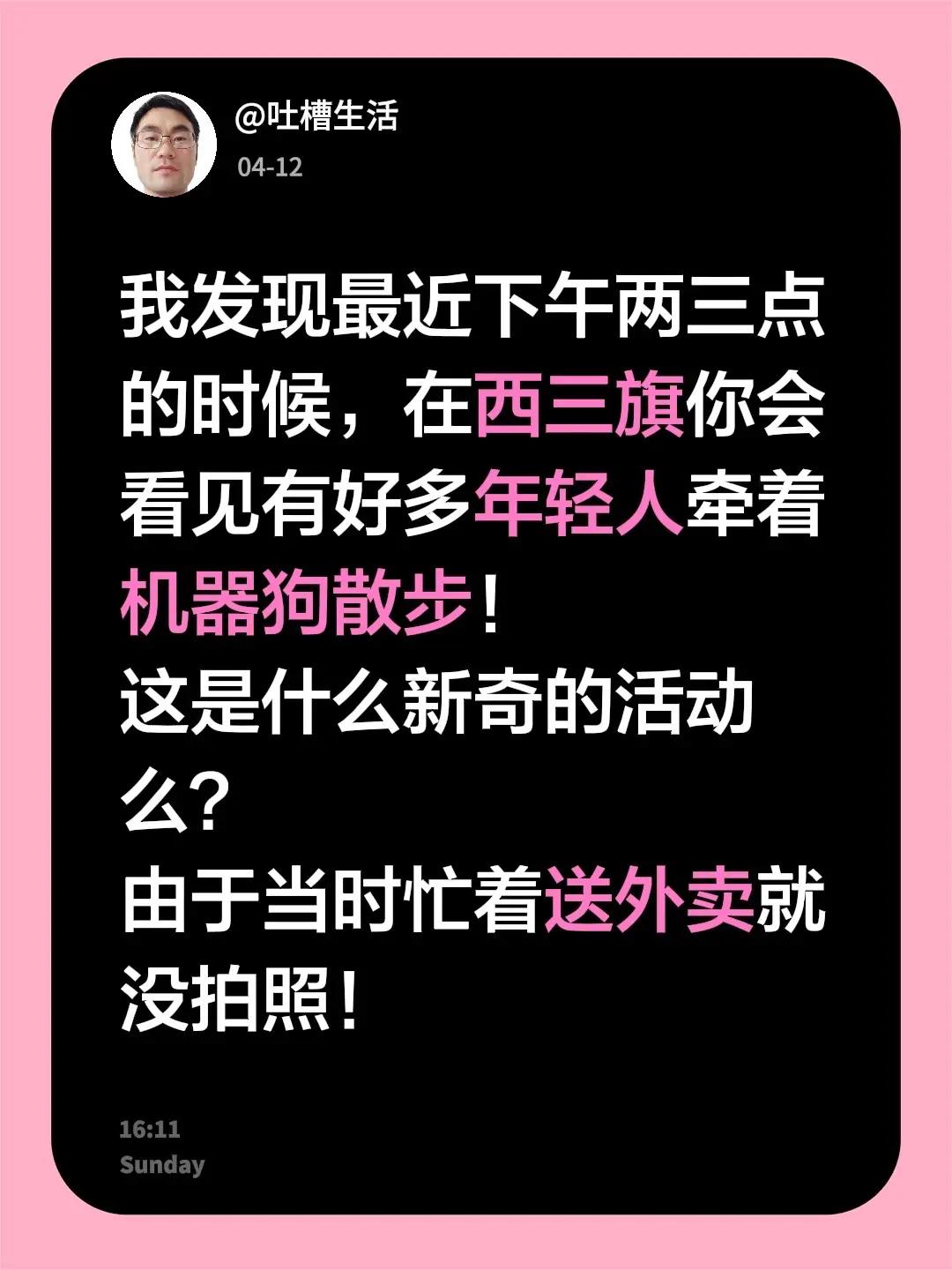 我发现最近下午两三点的时候，在西三旗你会看见有好多年轻人牵着机器狗散步！这是什么