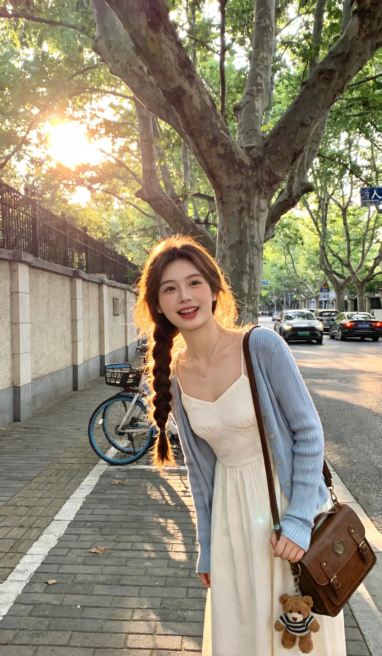 这套穿搭是清新甜美的自然系少女风，浅蓝色针织开衫自带柔和慵懒感，宽松版型与自然褶