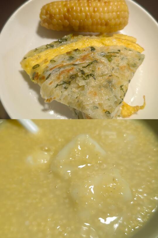 一根傣族小花糯玉米 一块鸡蛋手抓饼 一碗小米铁棍山药粥 美味又营养