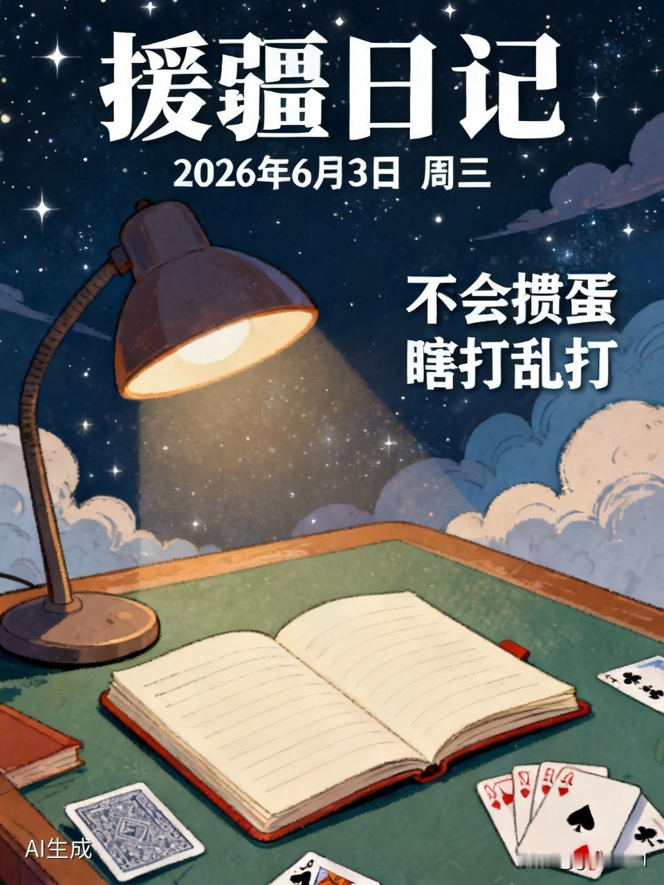 援疆日记
2026年6月3日
今天周三，白天继续煎熬一天！
晚上援友三缺一，拉我