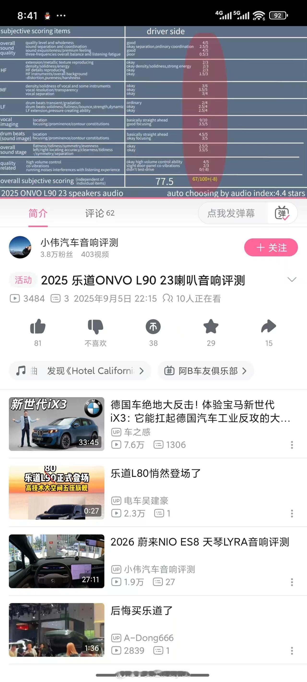 B站UP对L90以及ES8音响测试给了一个非常高的分数蔚来汽车[超话] ​​​