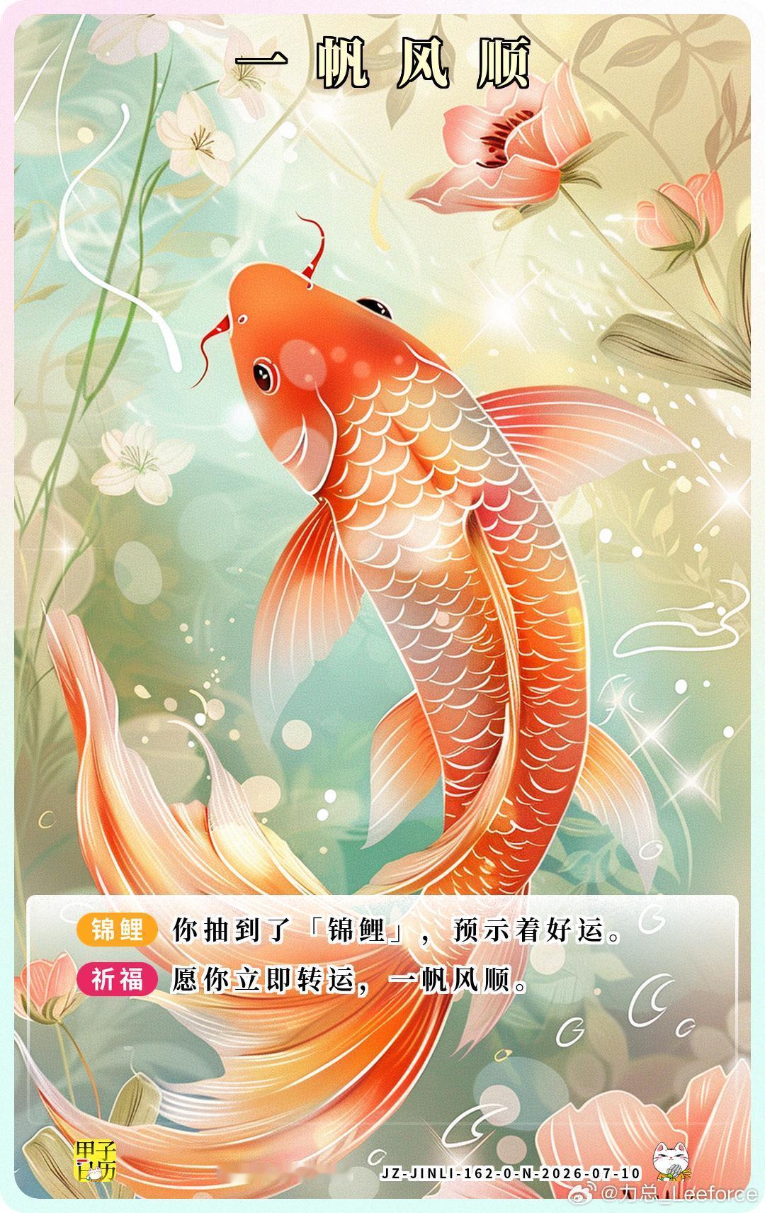 锦鲤 愿你立即转运，一帆风顺。 