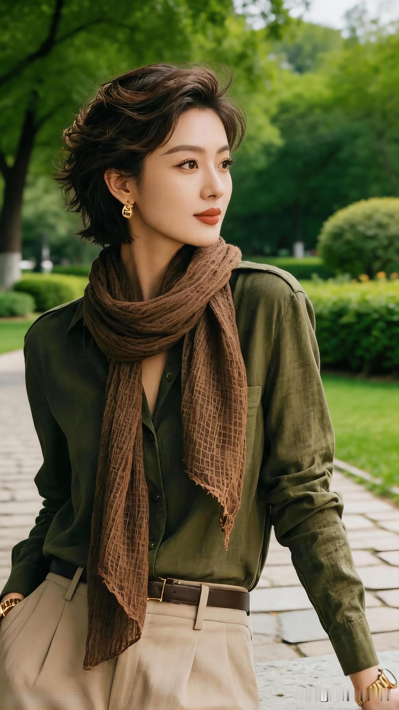 你喜欢在自然中感受美丽吗? 复古风穿搭 绿衬衫+棕色围巾，优雅气质满满！