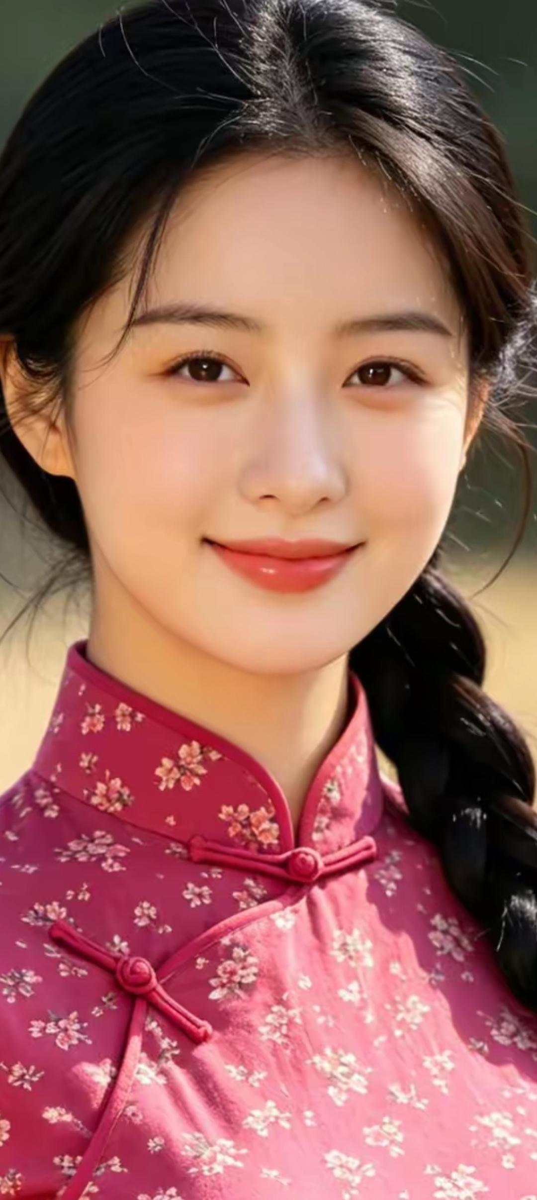 温柔甜美的少女，粉色花衣，微笑动人