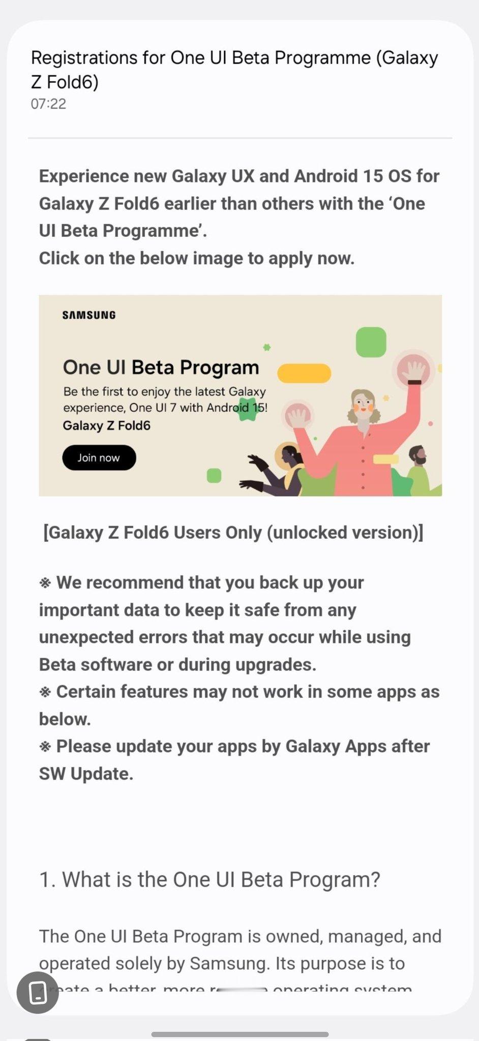 国外 Galaxy Z Fold6 陆续开始推送 One UI7.0 Beta（