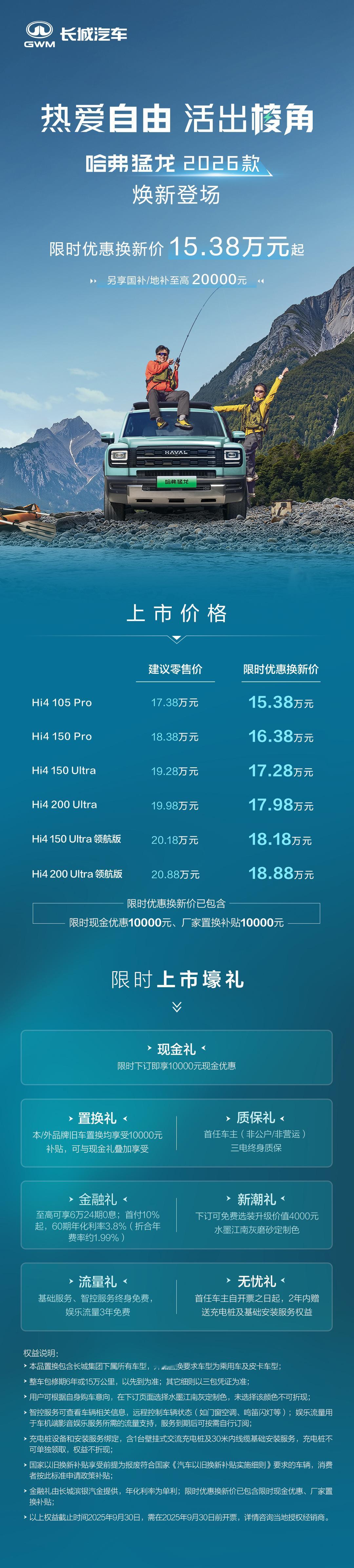 2026 款哈弗猛龙Hi4上市，新车共推出 6 款配置车型，官方售价区间17.3