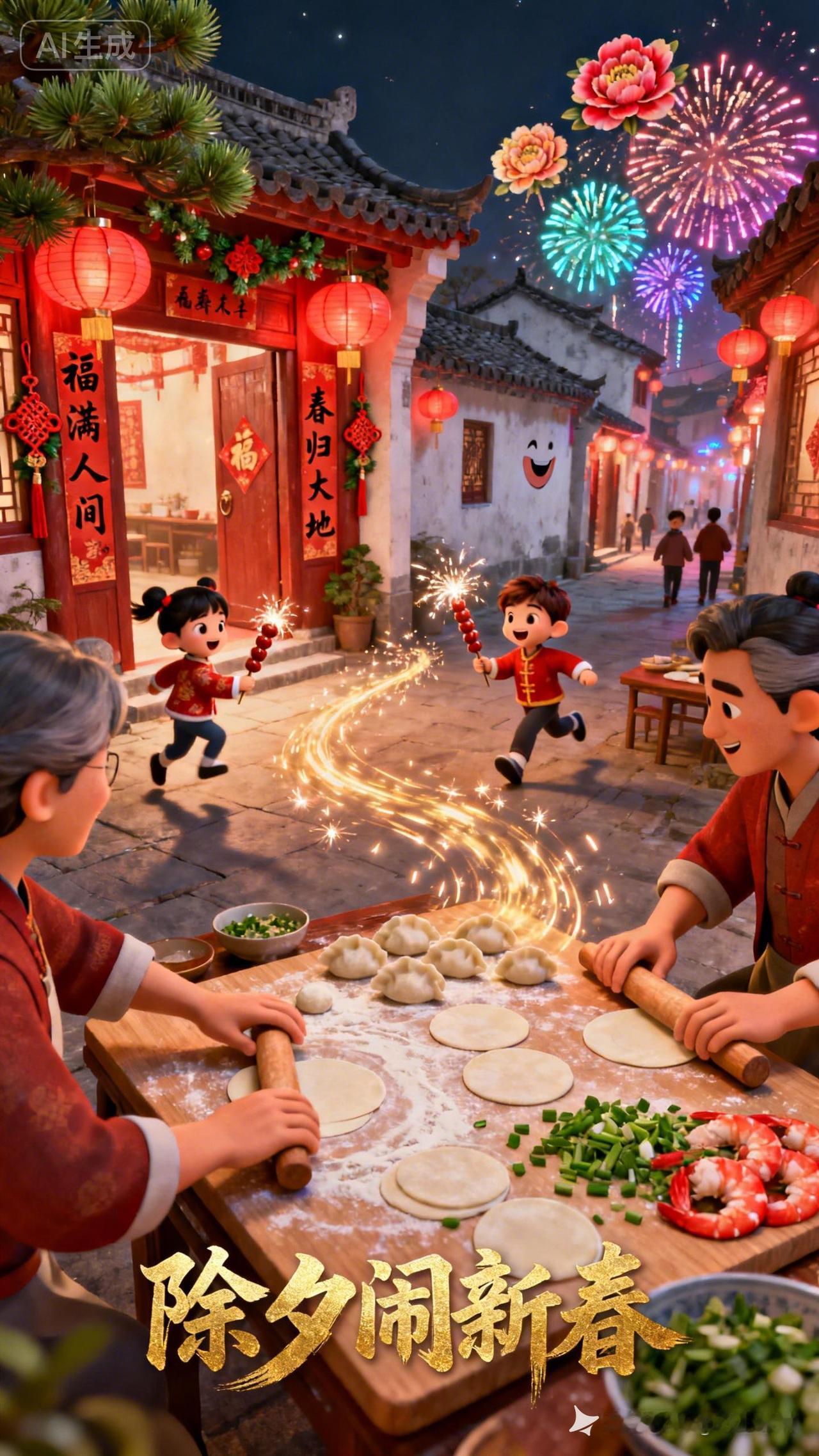 除夕夜，家人团聚，烟火璀璨，幸福满人间。