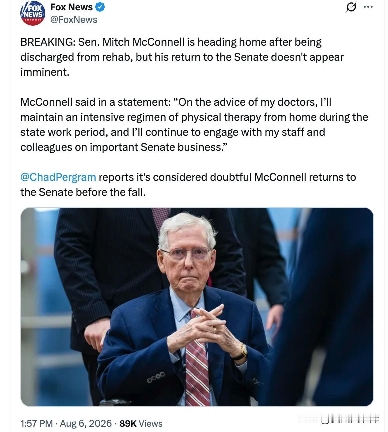 突发新闻：参议员Mitch McConnell结束康复治疗出院回家，短期内不会返
