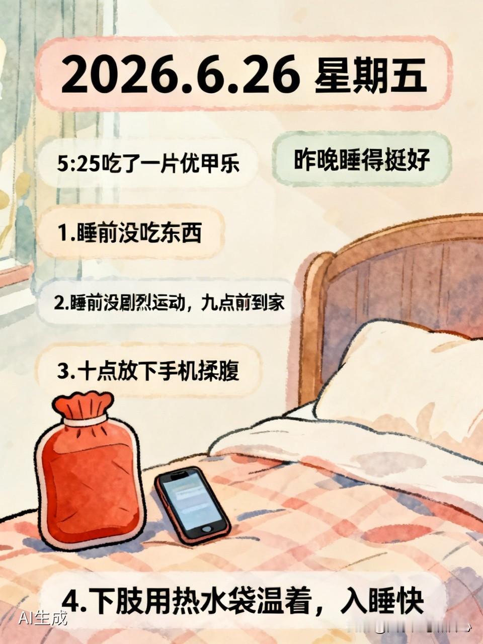 2026.6.26  星期五
5：25吃了一片优甲乐。
昨天的鼓包今天早上下去了