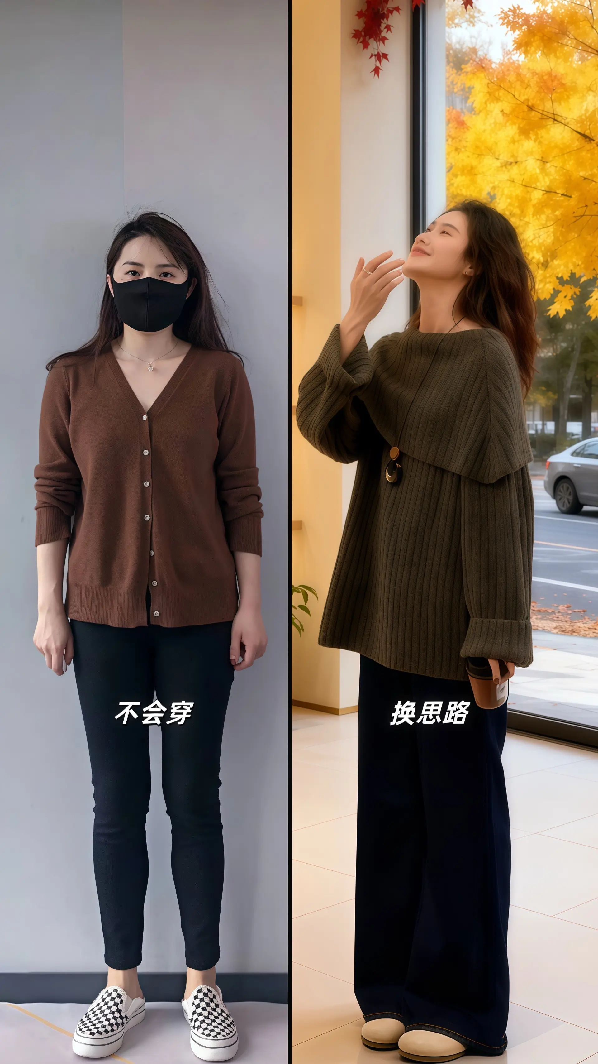 她穿着设计感复古两件套，套头针织上衣的纹理在暖光里漾开复古韵味，复古高...