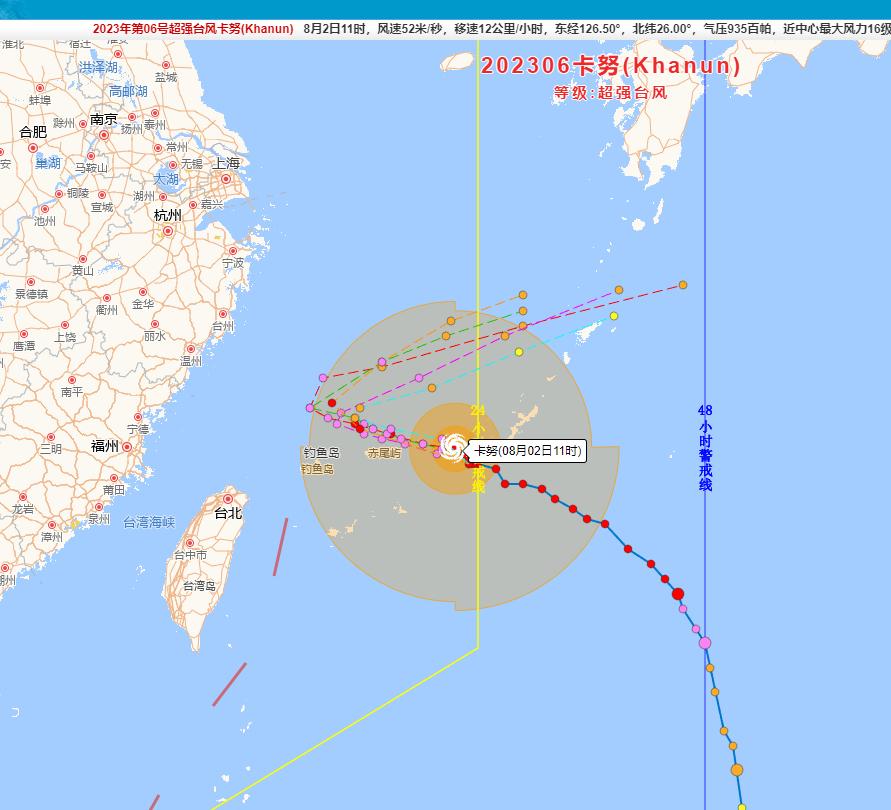 按照目前的卡努台风实时路径，它将8月4日8时左右在东海海面上进行一个300度大转