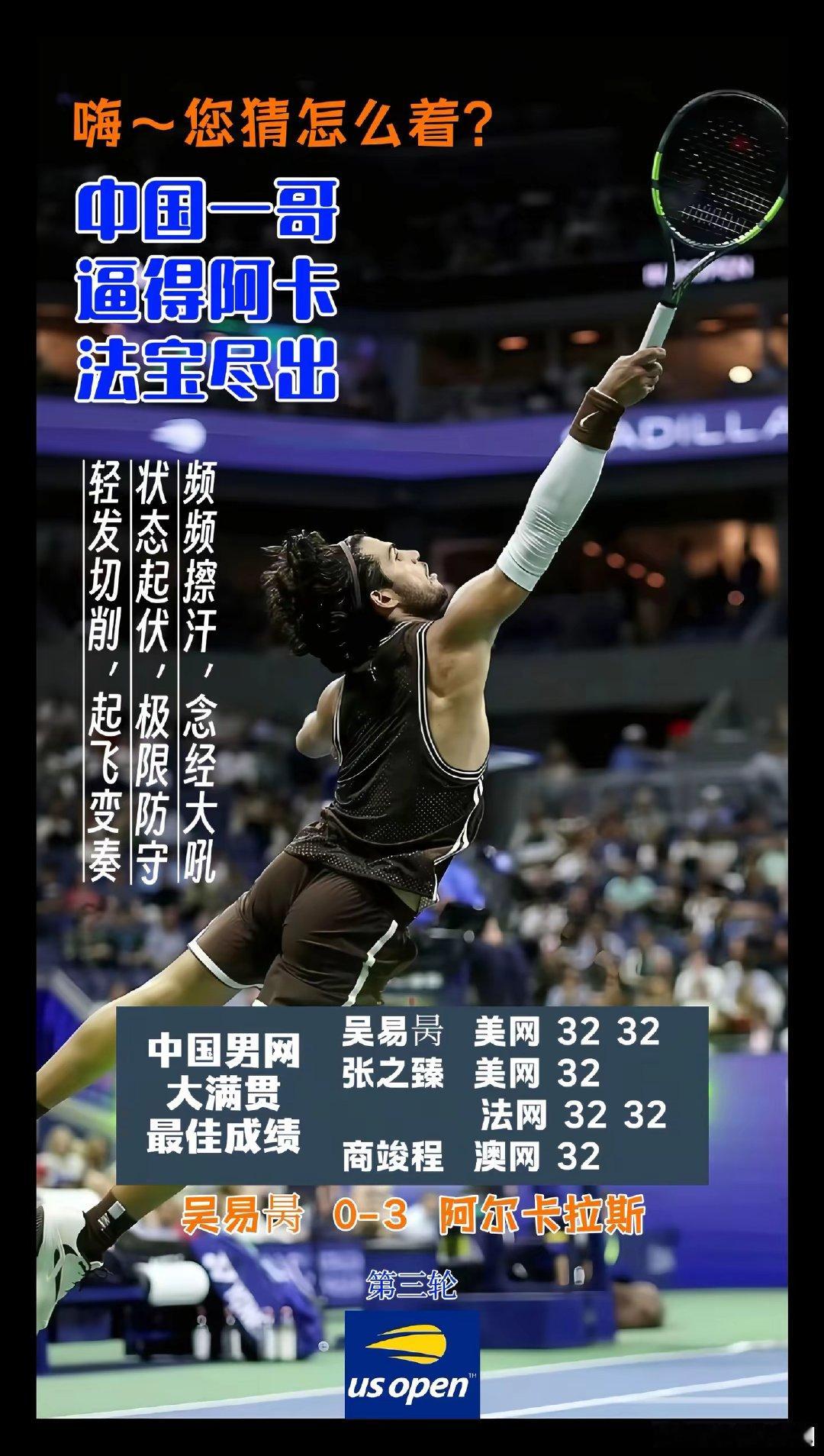 吴易昺在美网1/16决赛中不敌阿尔卡拉斯，交手记录来到0:2。第二盘两人打得难解