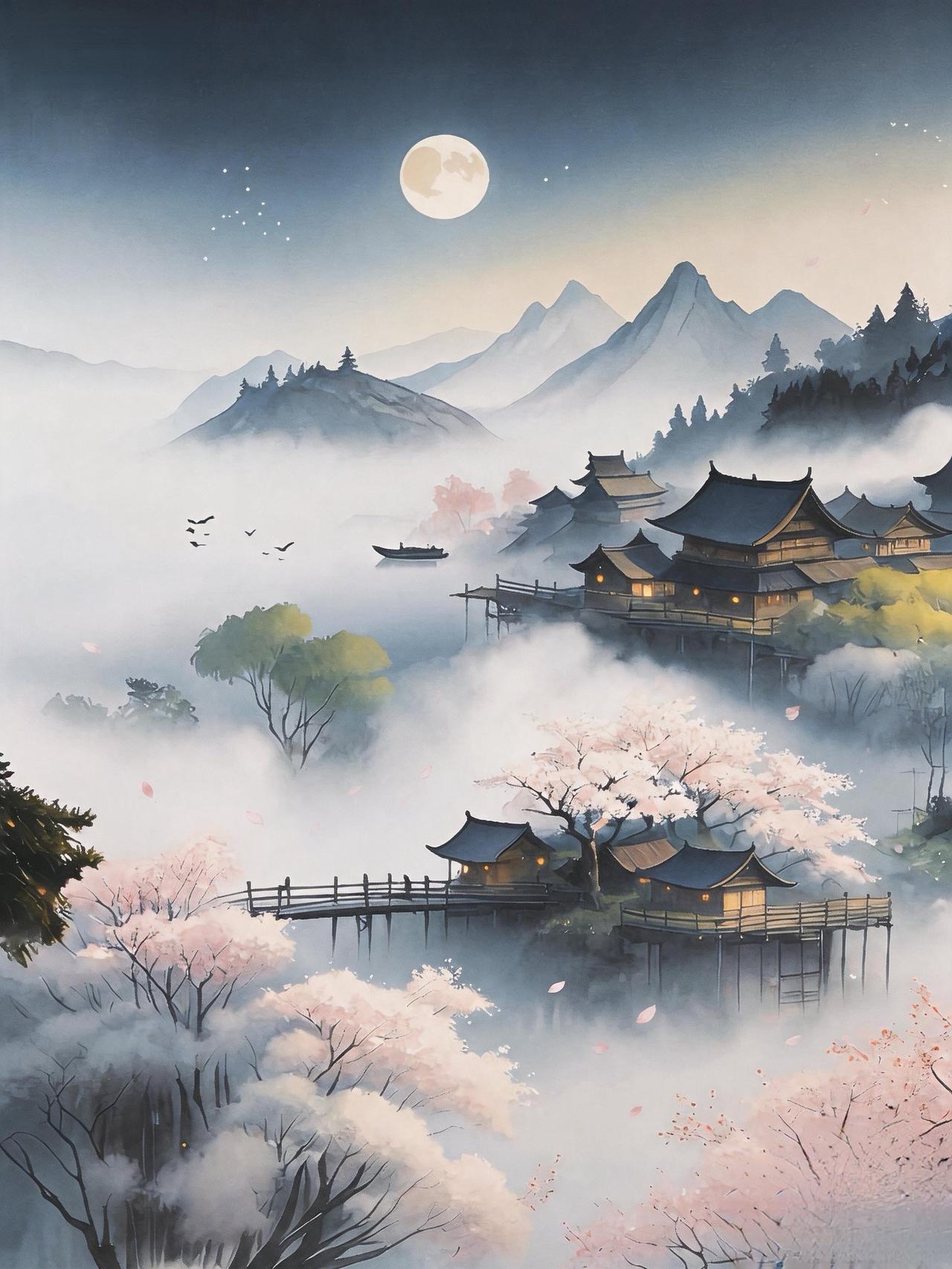 人到中年，只求心安
 
月亮挂在天上，山间雾气悠悠，樱花随风慢慢飘落，看着这样安