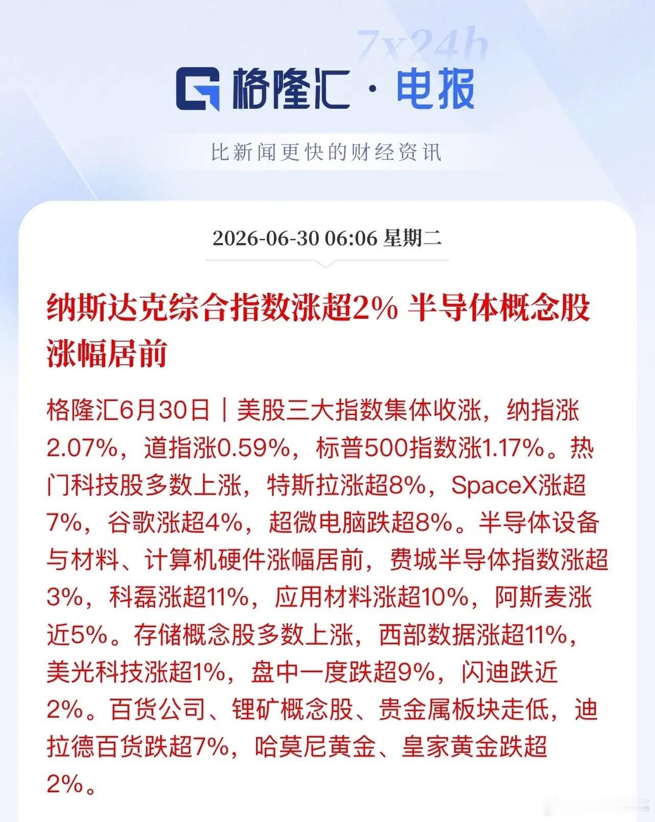 隔夜美股科技再唱主角！SpaceX涨超7%、特斯拉涨超8%，马斯克成最大赢家；应