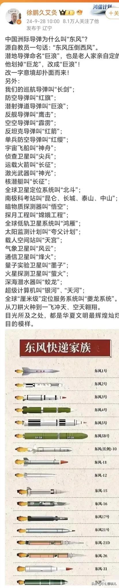 毛主席一句“东风压倒西风”，所以我们的弹道导弹系列取名为“东风”。

东风快递，