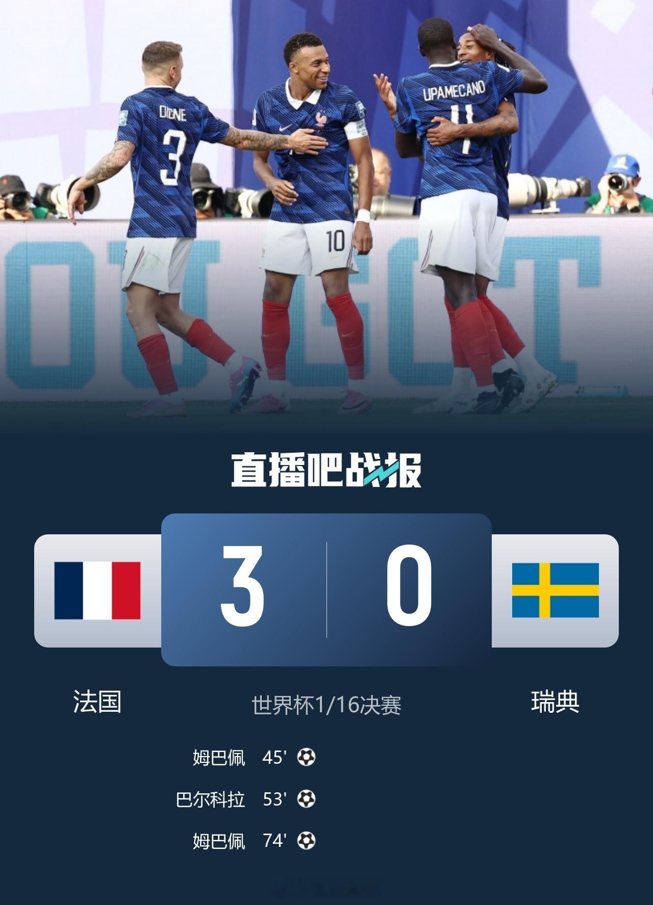 北京单场 晋级16强！法国3-0瑞典将战巴拉圭 姆巴佩双响奥利塞两助攻+中柱北京