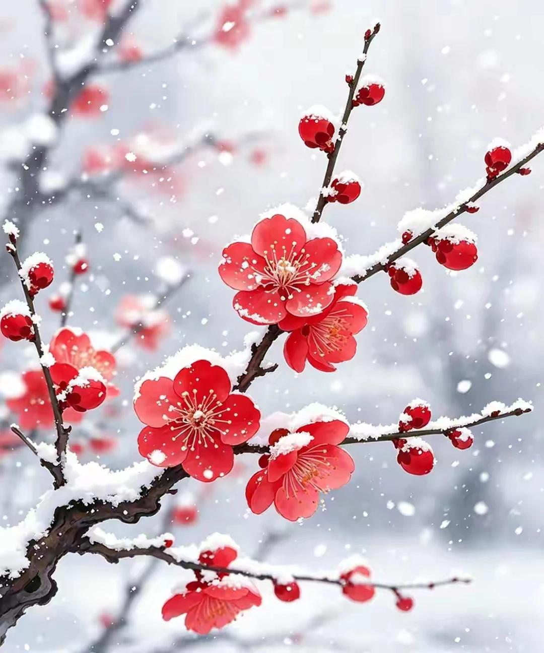 上联：梨花愁细雨
下联：红梅恋瑞玉