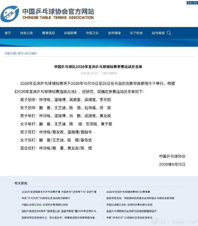 中国队乒乓球亚锦赛名单乒乓球 2026年10月19日至25日在乌兹别克斯坦首都塔