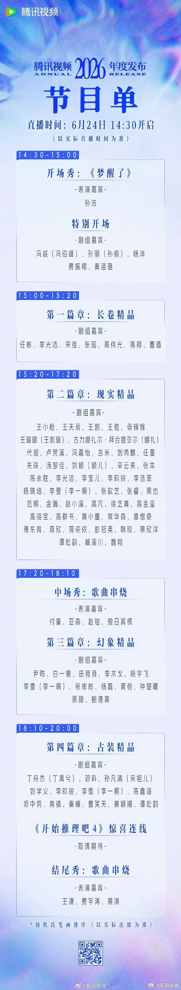 腾讯出席活动阵容和节目单孙浩、孙丽（孙俪）、冯威（冯绍峰）等出席 