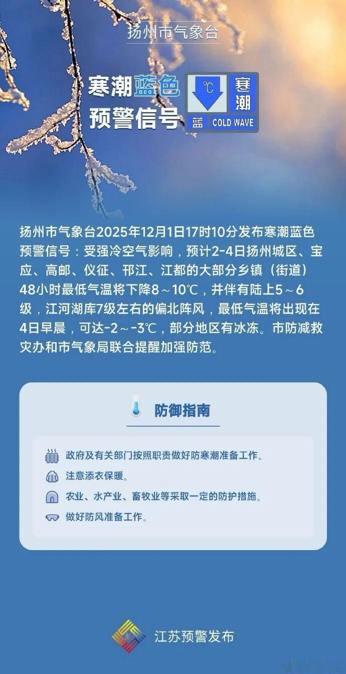 苏大扬 【有冰冻！寒潮蓝警！】扬州市气象台2025年12月1日17时10分发布寒