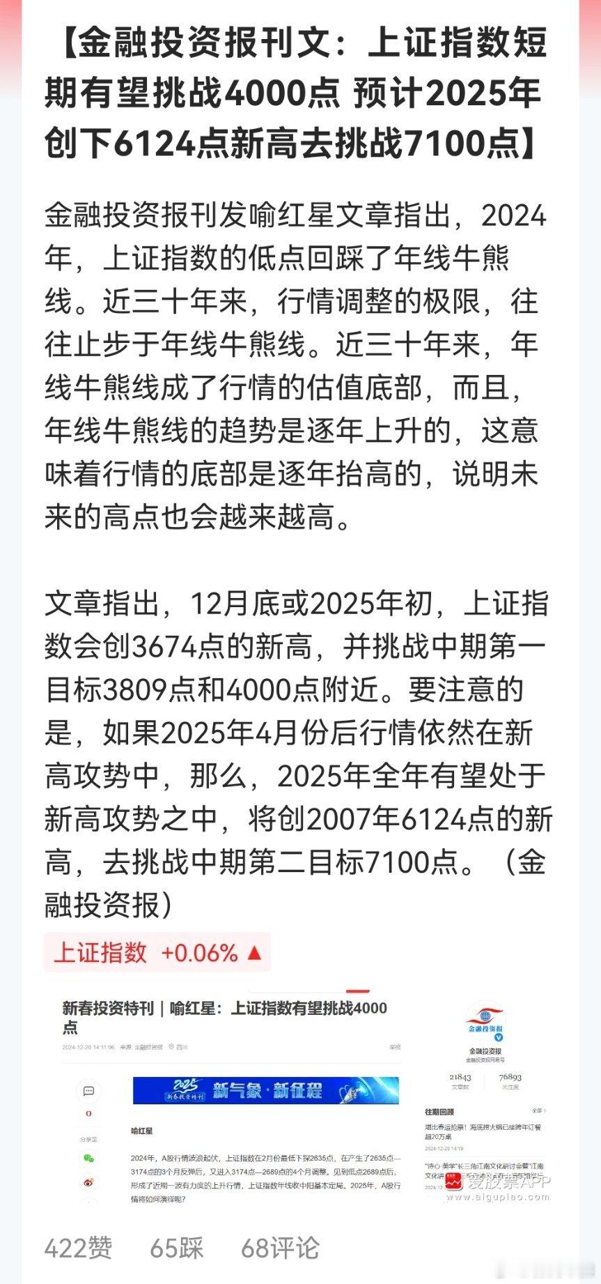 金融投资报刊文：上证指数短期有望挑战4000点 预计2025年创下6124点新高