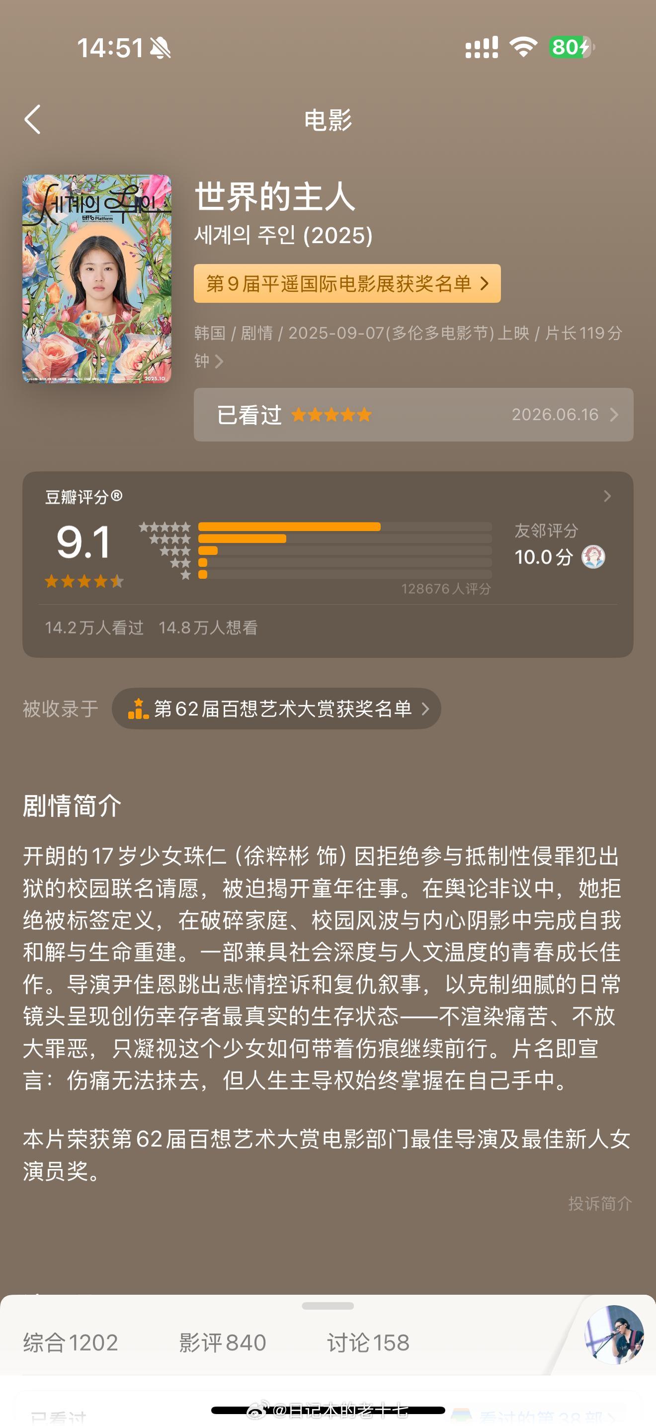 最近看了一部很值得一看的电影，世界的主人，结尾特别引人深思，不懂电影不会影评，单