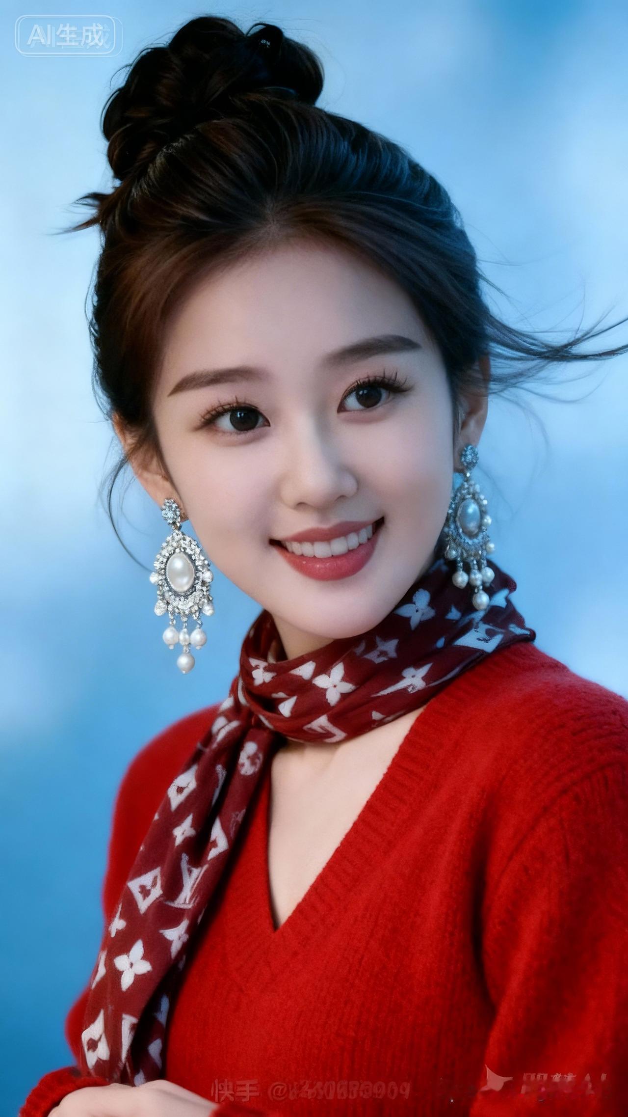 红V领毛衣配白纹围巾，盘发微飘，回眸甜笑百媚生。眼妆精致逼真，皮肤质感细腻，身姿