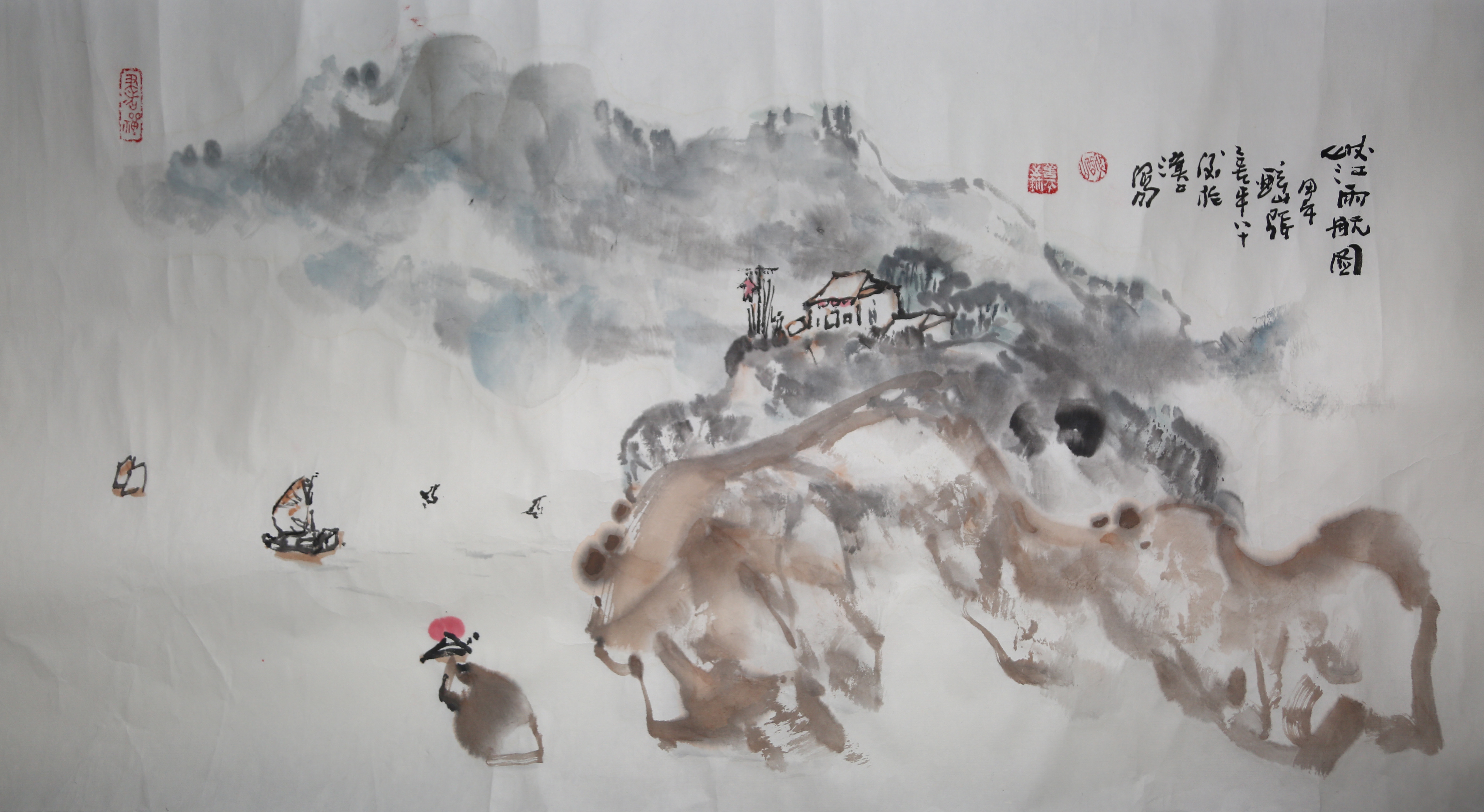 《红印点睛，空灵生辉》画面最妙处，是左下角一抹鲜红——或为舟中人衣，或为江畔亭阁