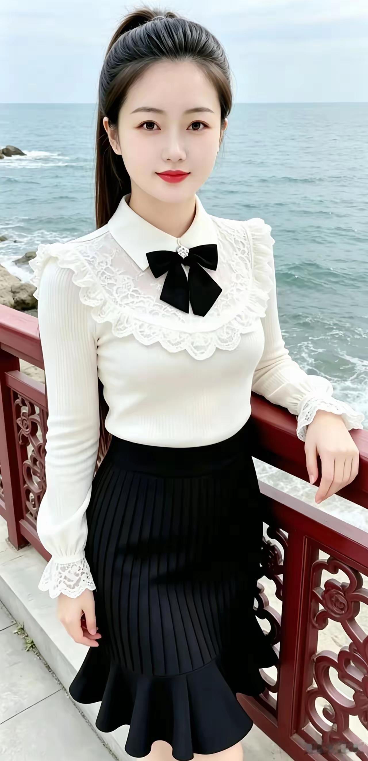 谁家女多娇，
妆扮更时髦。
游玩临海岸，
聆听涛声高。