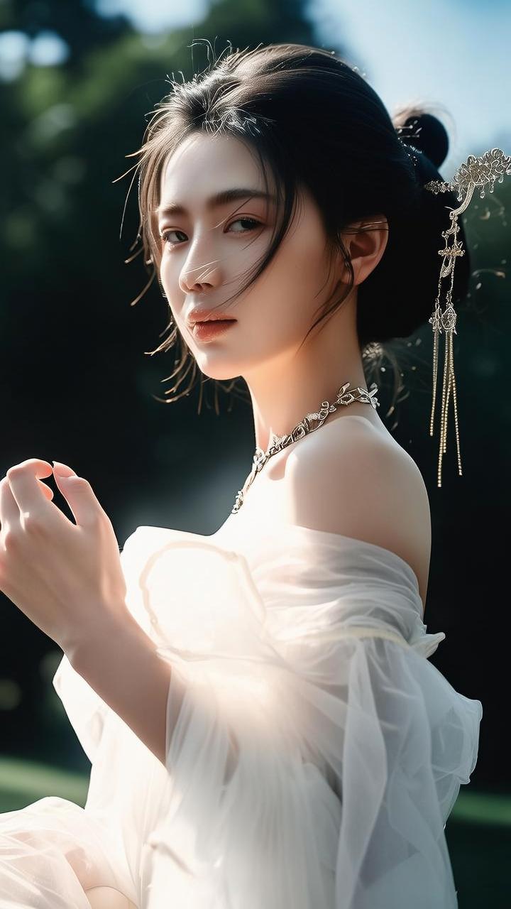 梦幻古风少女，轻纱飘逸，珠光闪耀，宛如仙子降临。