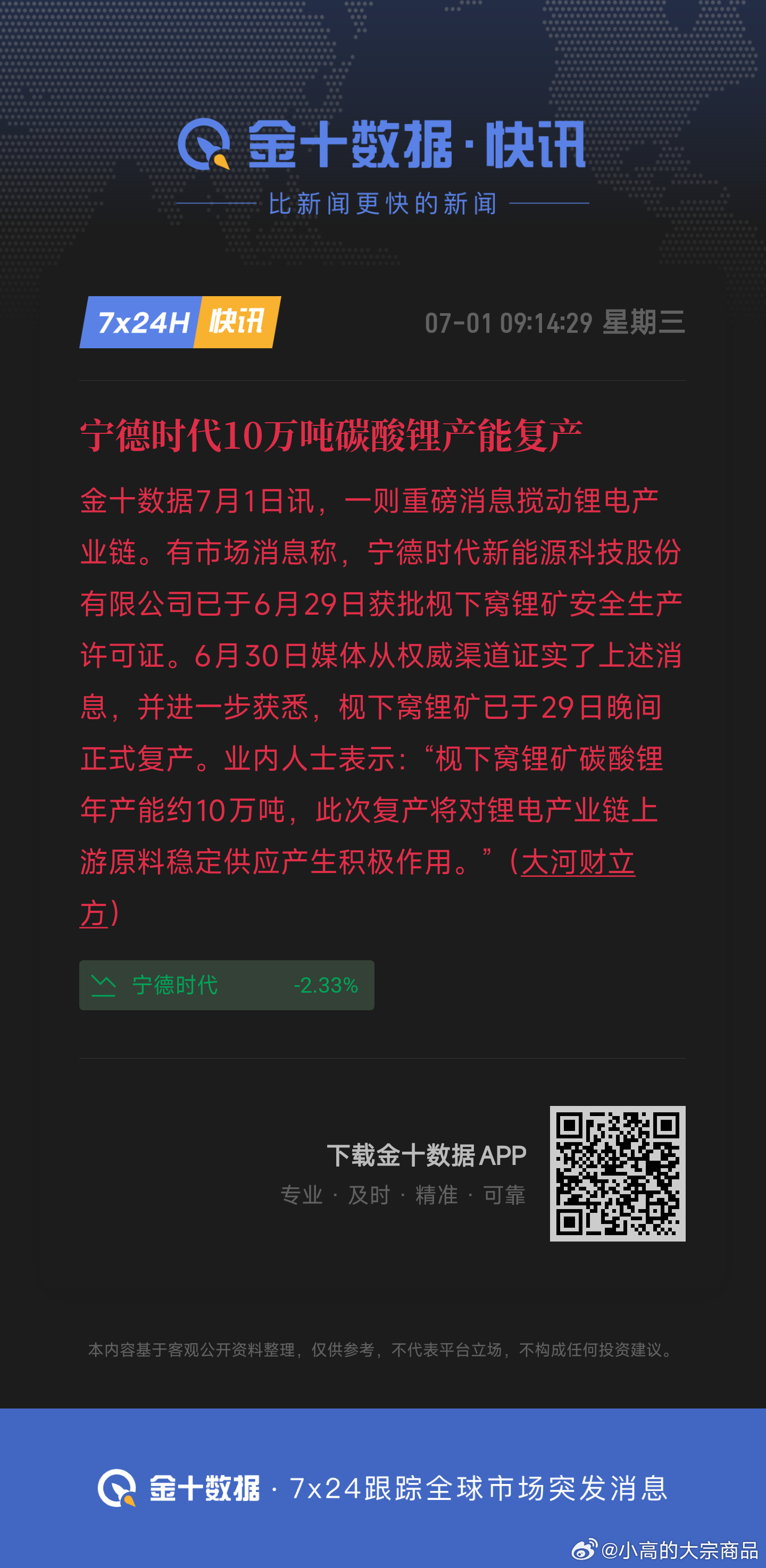 宁德时代10万吨碳酸锂复产期货四天反弹，利空兑现利多