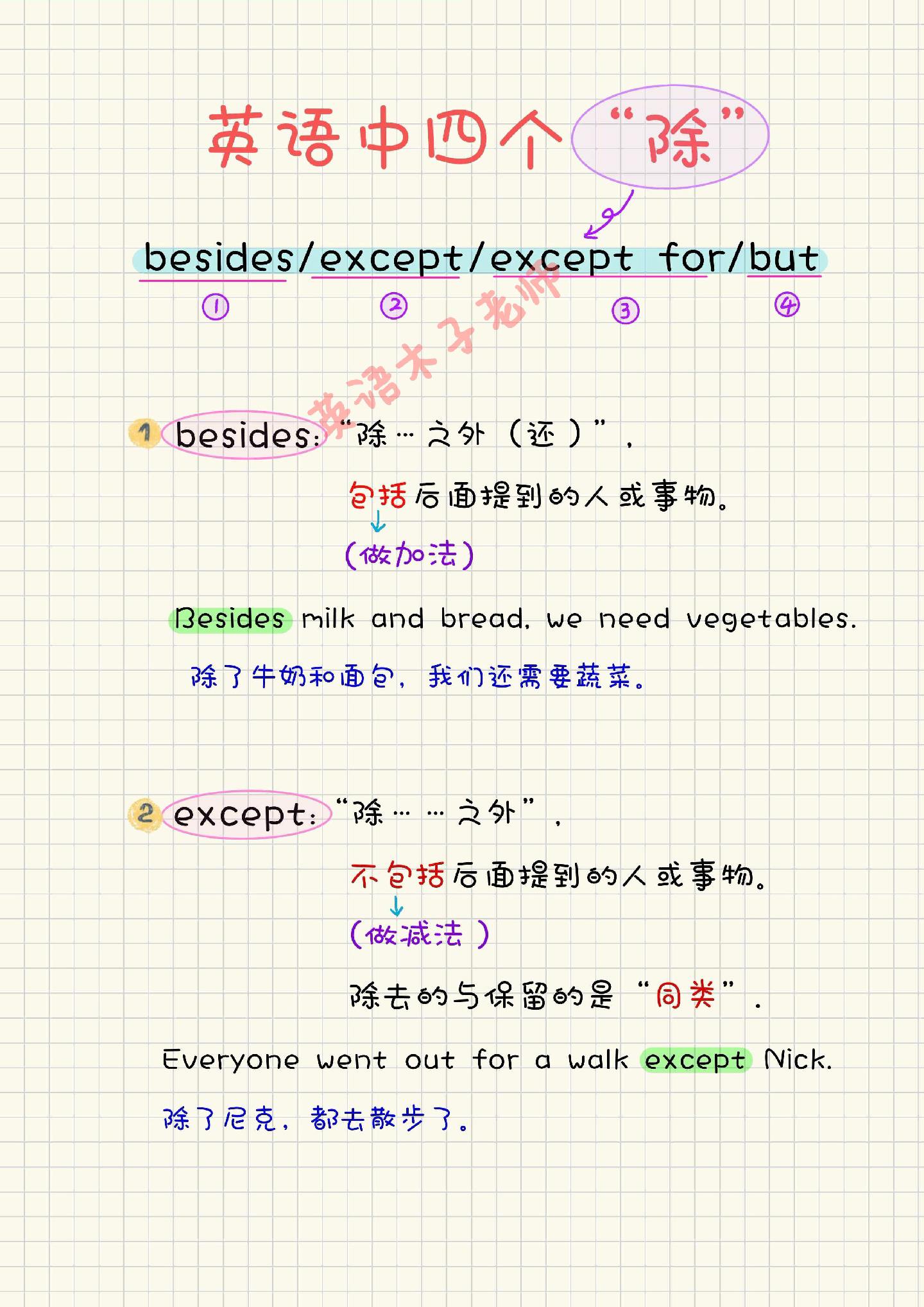 英语四个“除”～清清楚楚，明明白白！besides/except/except for/but!