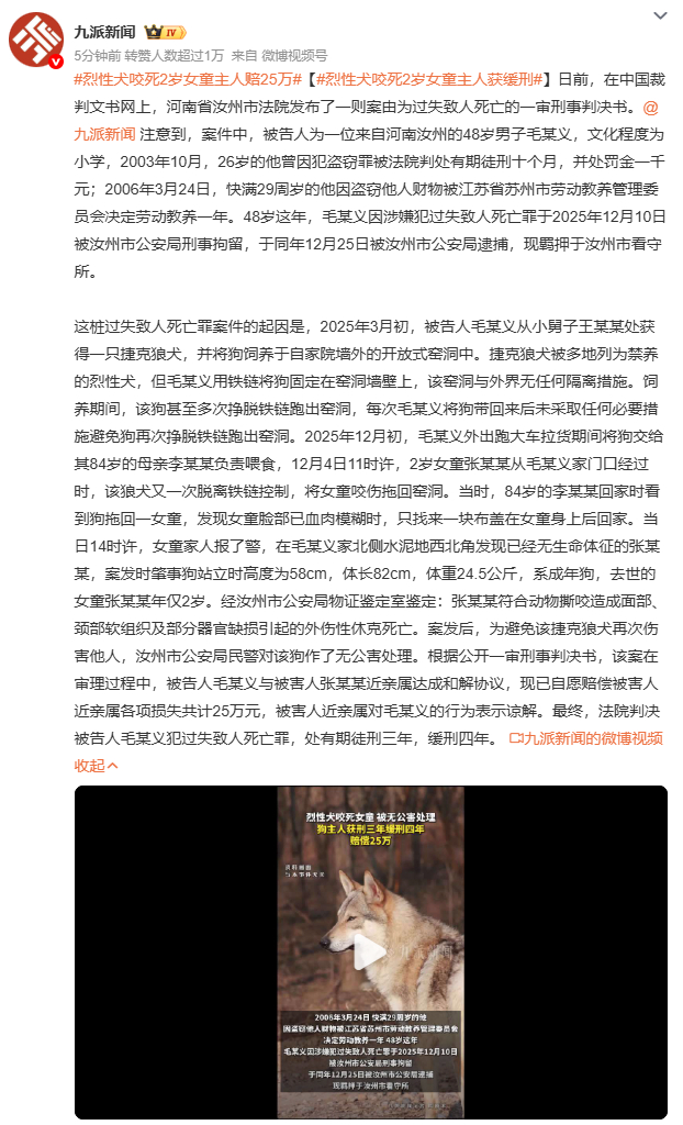 烈性犬咬死2岁女童主人赔25万过失致人死亡，仅仅判三缓四？这起案件中，饲主虽然赔