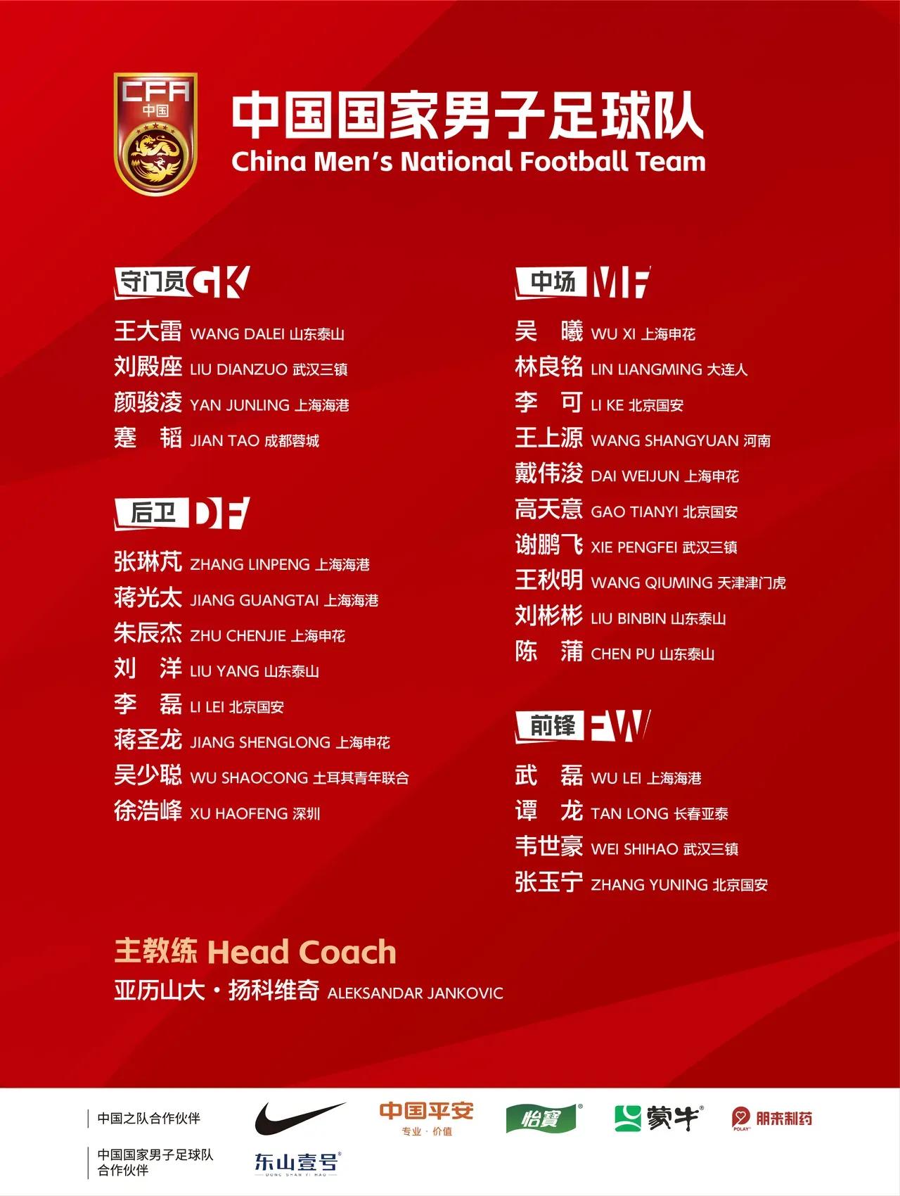 足协公布国足亚洲杯大名单：张玉宁、武磊领衔，刘彬彬、刘洋在列，成都01年门将入选