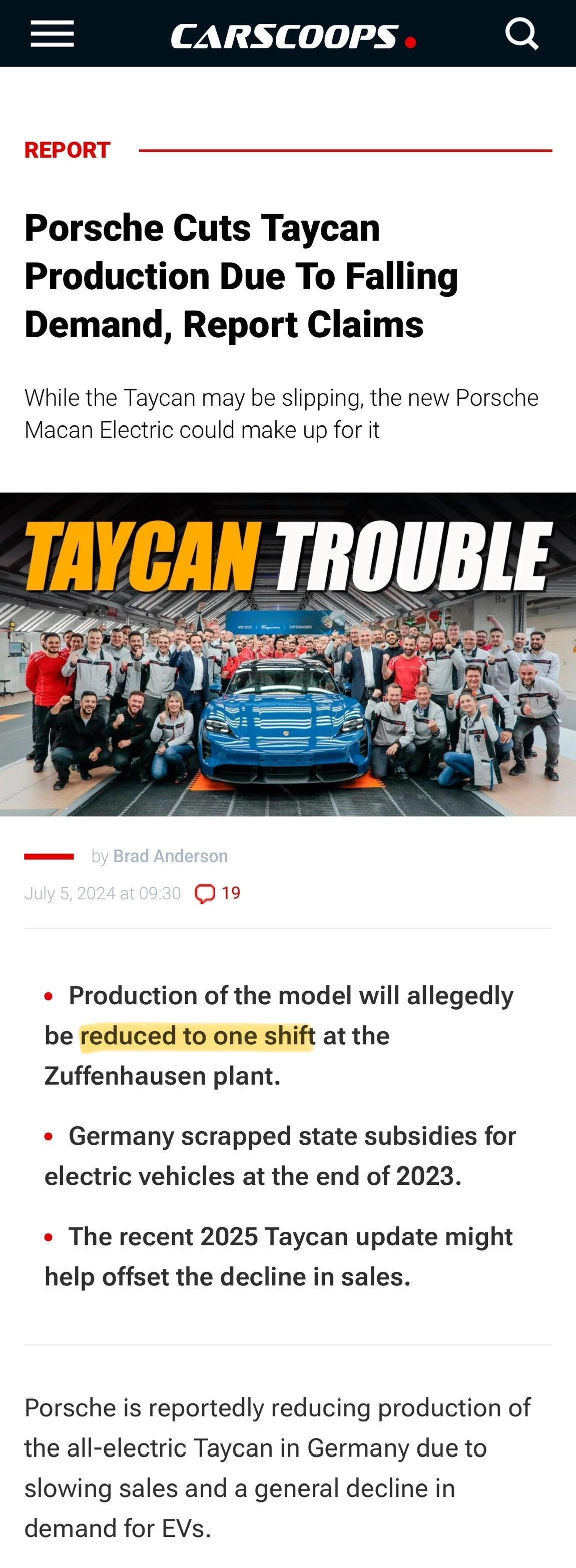 保时捷Taycan需求低迷，德国工厂减班减产。 ​​​