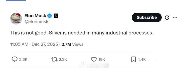 【马斯克称白银价格屡创新高可不好】本周白银首次逼近 80 美元 / 盎司，特斯拉