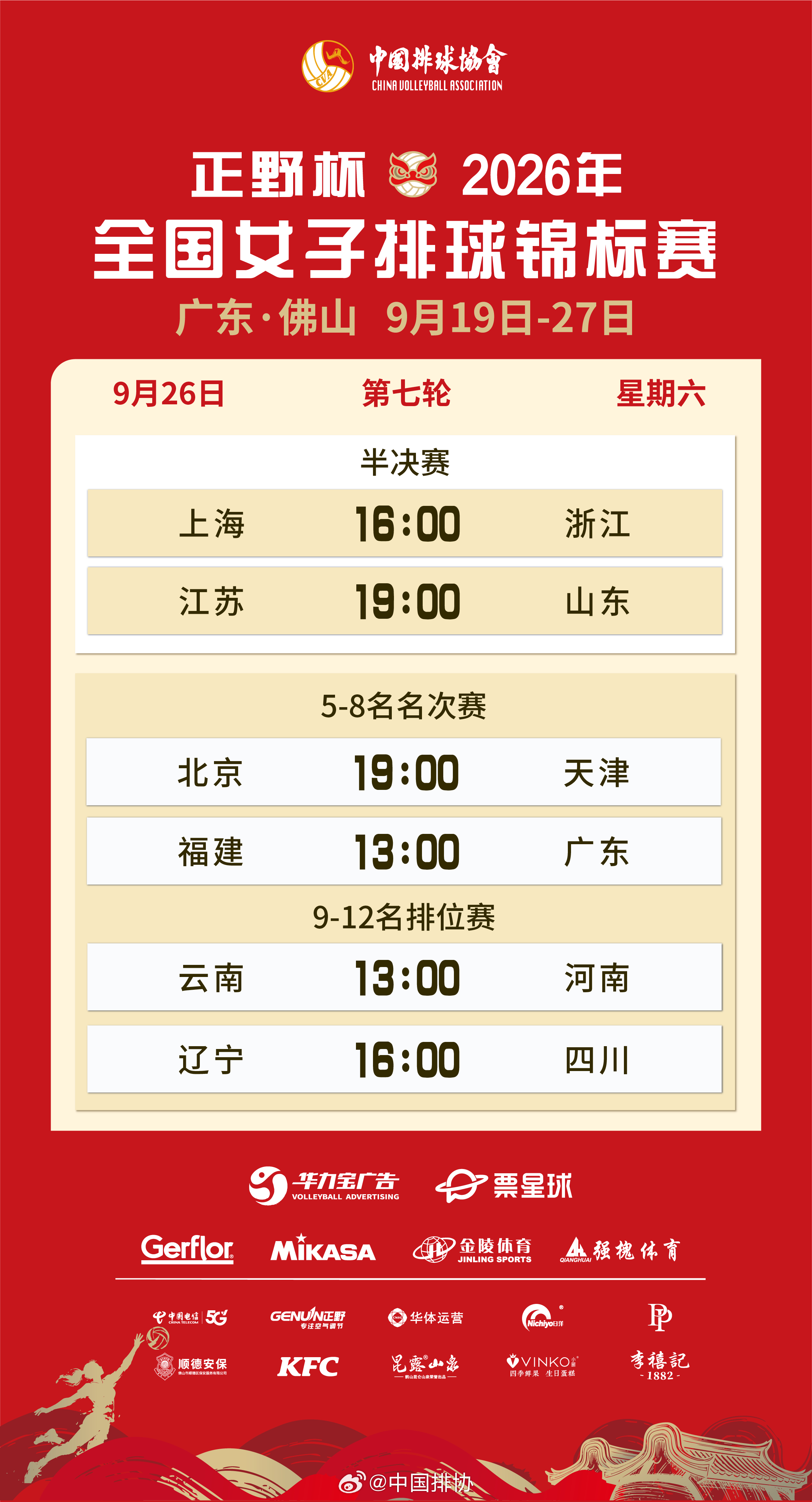 9月26日，正野杯2026年全国女排锦标赛 将展开半决赛以及5-8名名次赛、9-