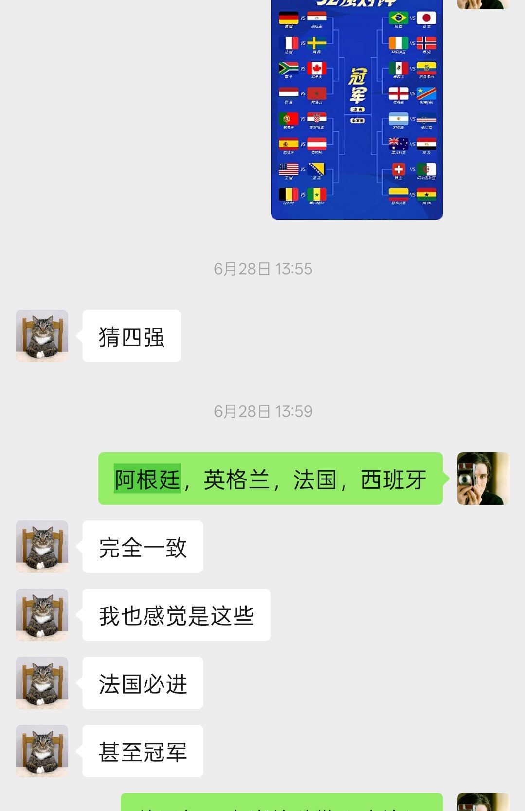 当初32强出炉的话，猜了一下四强，还真都对了，今年没有一个黑马，挺希望英格兰或法