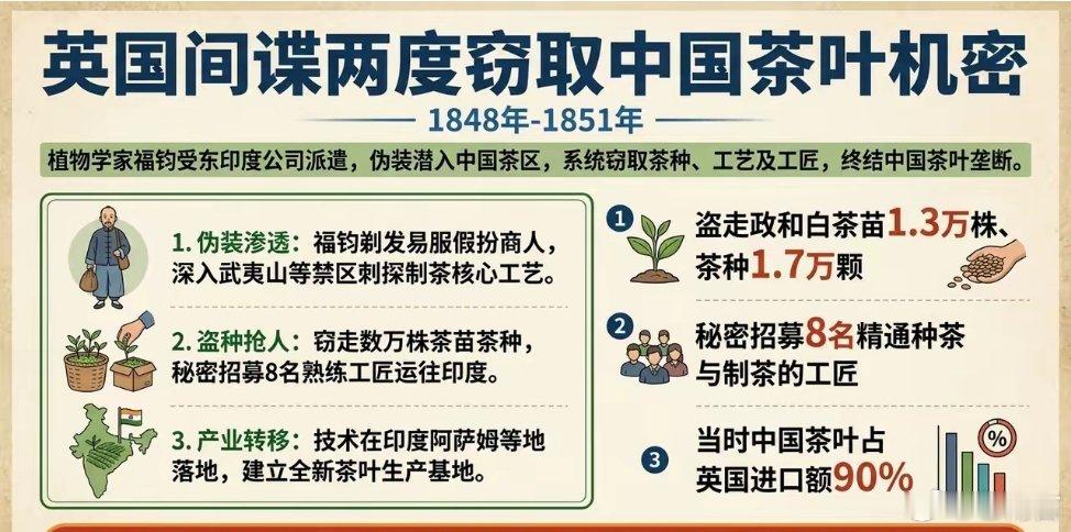 英国间谍2次偷窃中国茶叶机密19世纪，中国垄断着全球茶叶贸易，英国为茶叶流失海量